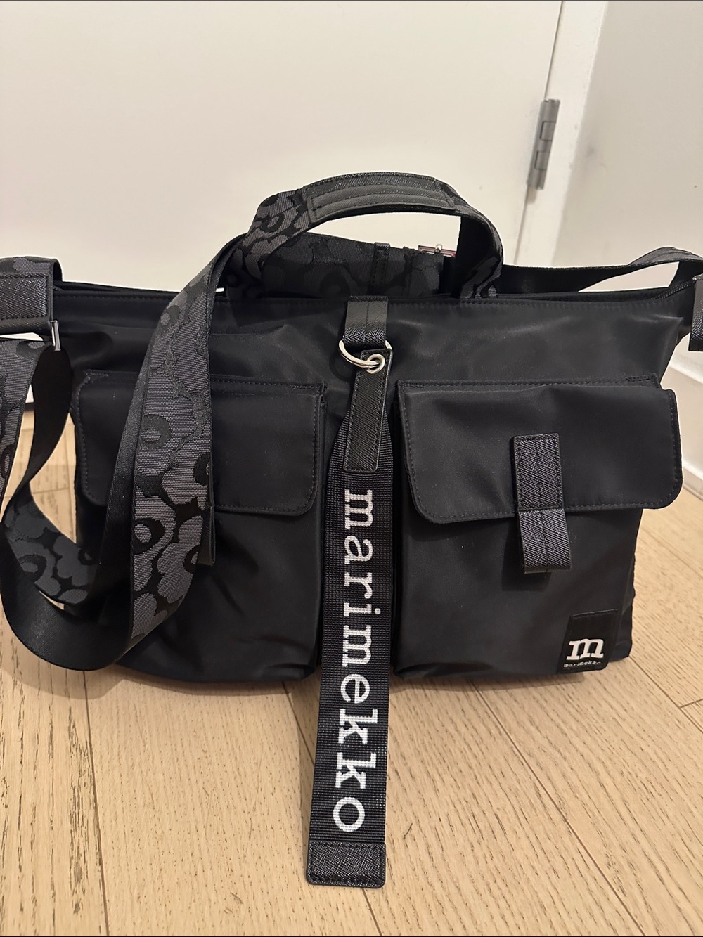 Marimekko Black Nylon Messenger Bag with Unikko Strap